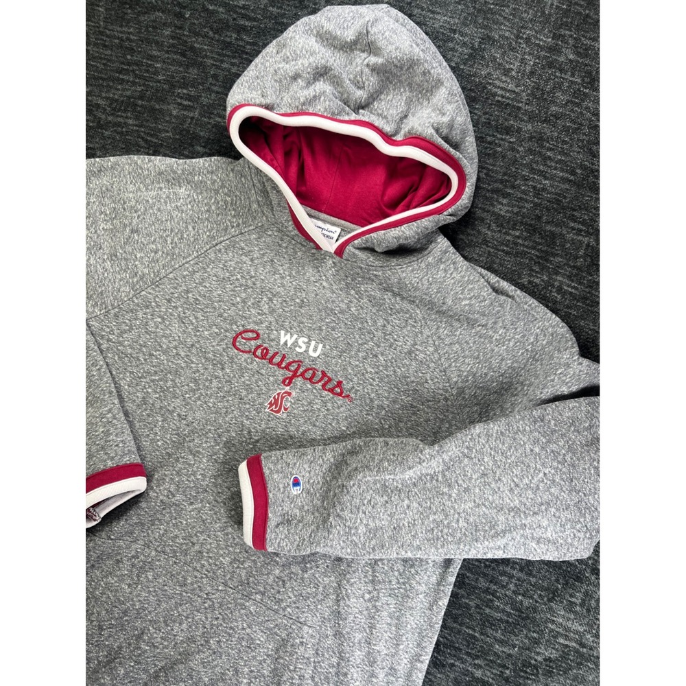 Champion Hoodie WSU Cougars Women Large Gray Crimson Raglan Pullover Sweatshirt‎